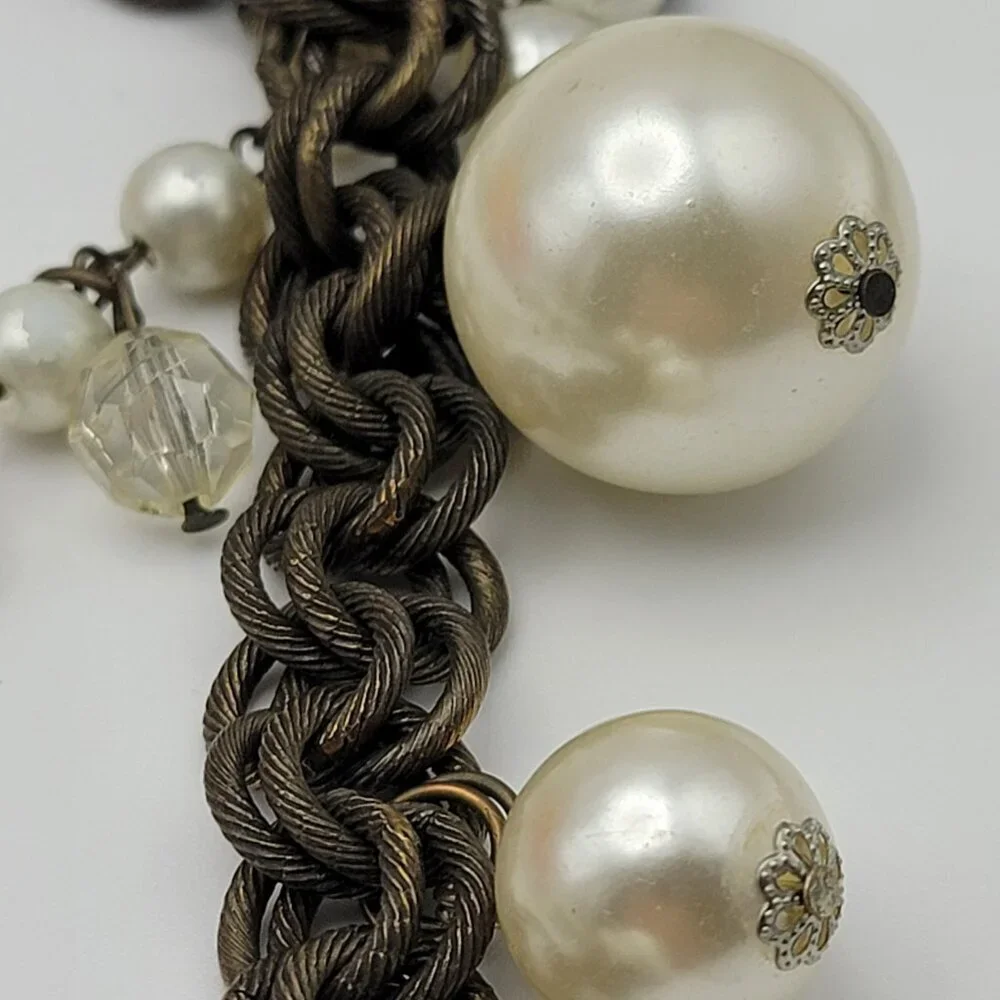 Plunder Statement Pearl Necklace And Charm Bracelet Set White Bronze Tone